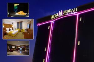 吉达Rose Jeddah Hotel的墙上有 ⁇ 虹灯标志的酒店客房
