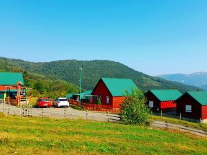 莫伊科瓦茨ECO ViLLAGE CORIC的一群房子,有汽车停在田里