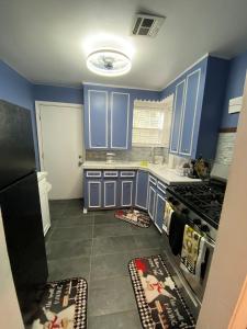 塔尔萨Xscapecation Oasis的厨房配有蓝色橱柜和炉灶烤箱。