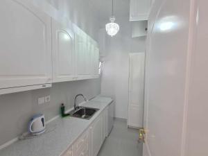 斯巴达NN Rooms and Suites near Athens Airport的白色的厨房配有水槽和白色橱柜