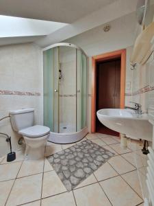 奥斯特拉维采Hostinec u Řeky的浴室配有卫生间、浴缸和水槽。