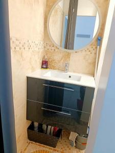 布隆Bron centre appartement meublé avec jacuzzi的一间带水槽和镜子的浴室
