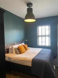 达灵顿Raby Apartment的一间卧室设有一张蓝色墙壁的大床