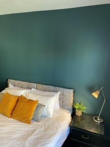 达灵顿Raby Apartment的一间卧室设有蓝色的墙壁和一张带枕头的床。
