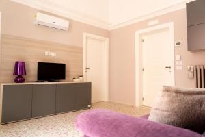 巴列塔Le tre rondini的一间带电视和紫色沙发的客厅