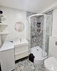 拉兹迪亚伊Apartments in Lazdijai的带淋浴、盥洗盆和卫生间的浴室