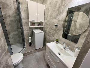 凯尔采Apartamenty KoktajLOVE的一间带水槽、卫生间和镜子的浴室