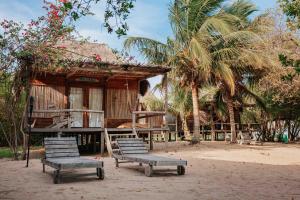 La Punta de los RemediosAwatawaa Ecolodge的两把椅子坐在棕榈树房子前面