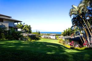 卡普鲁亚K B M Resorts- KGV-16T4 Beautiful 1Bd, sweeping ocean views, remodeled, oversized layout的绿色庭院,种植了棕榈树,设有房屋