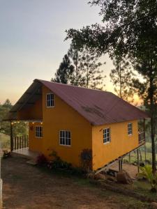 ChepoCABAÑAS EL CHEPO的紫色屋顶的黄色小房子
