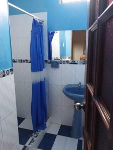 莫约班巴D-302的浴室设有蓝色的浴帘和水槽