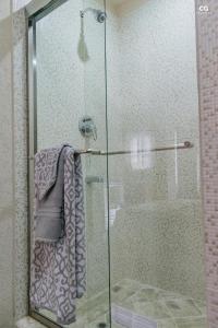 格兰德海滩Skyline Suites Grenada的浴室里设有玻璃门淋浴