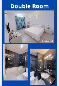 河仙Sai Gon Ha Tien Hotel的一间卧室和一间带双人间的浴室的两张照片
