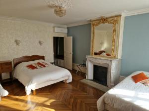 沙尼Hôtel De La Ferté的一间卧室设有壁炉、一张床和镜子