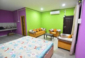SibsāgarHira Panidihing Homestay的一间卧室拥有绿色和紫色的墙壁,配有一张床和沙发