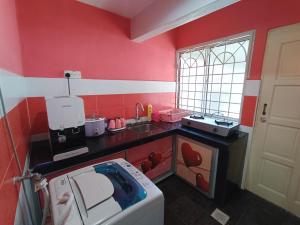 马六甲Juwita Homestay Bukit Katil - Free Unifi and 15 Minutes To Town的厨房配有洗衣机和水槽