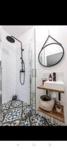 巴黎IMHOST - Amazing architect studio Père Lachaise的带淋浴、盥洗盆和镜子的浴室