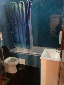 塔拉法尔Tarrafal House的蓝色瓷砖浴室设有卫生间和水槽