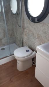 哥德堡Ringö Resort的浴室配有卫生间、淋浴和盥洗盆。