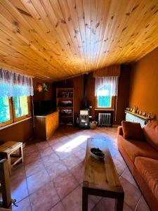 佩斯卡塞罗利Casa Peppone的带沙发和木制天花板的客厅
