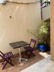 楠泰尔Maison de ville arborée avec cachet的桌子和两把椅子以及盆栽植物