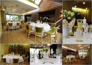 阿利图斯Hotel Senas Namas的一张带桌子和鲜花的餐厅的照片