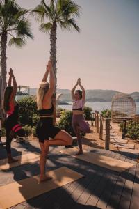 圣何塞7Pines Resort Ibiza, part of Destination by Hyatt的一群在甲板上做瑜伽的女人