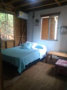 内科克利Sen apto de Madera的一间卧室配有一张带蓝色床单的床和一扇窗户。