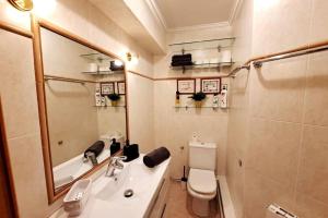 拉雷多Apartamento en Laredo的一间带水槽、卫生间和镜子的浴室