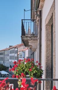 圣地亚哥－德孔波斯特拉安特勒瑟卡斯酒店的大楼内的阳台,带红色鲜花