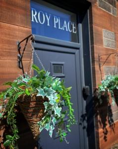 坎贝尔城Roy Place Gdn Apartment的前面有盆栽的蓝色门