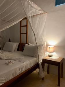 帕杰Chokoro House的一间卧室配有一张带天蓬和灯的床