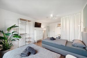 凯撒斯劳滕Amalfi Apartments A01 - gemütliche 2 Zi-Wohnung mit Boxspringbetten und smart TV的客厅配有床和沙发