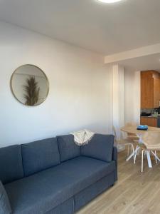 特拉萨Acogedor apartamento Vallparadís con parking的客厅配有蓝色沙发,设有镜子