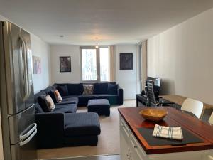 伦敦Spacious Flat in Manor House, London的一间带蓝色沙发的客厅和一间厨房