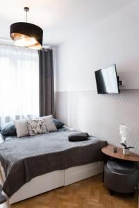 华沙ClickTheFlat Krucza City Center Apart Rooms的卧室配有一张床,墙上配有电视。