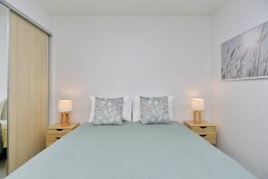 基督城Worcester Terrace Seven - Christchurch Holiday Homes的一间卧室配有一张大床和两盏灯