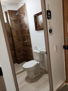 圣贝尔纳多德尔比恩托Apartamento 201 Palmar de los vientos的浴室配有卫生间、淋浴和盥洗盆。