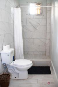 乔治敦Hampton Apartments Guyana的白色的浴室设有卫生间和淋浴。