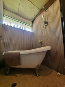 富良野Bears House的带窗户的浴室内的白色浴缸