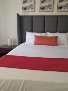 弗朗西斯敦Ambré Guesthouse的一张白色的大床,上面有红色枕头