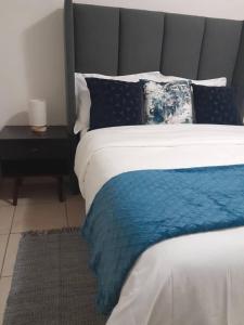 弗朗西斯敦Ambré Guesthouse的一间卧室配有一张带蓝色毯子的大床
