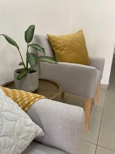 弗朗西斯敦Ambré Guesthouse的带沙发和盆栽植物的客厅