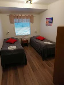 罗瓦涅米Hostel Tikka的一间卧室设有两张床和窗户。