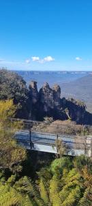 卢拉Treetop Leura Deluxe Family Cabin的一座跨越峡谷的岩石和海洋的桥梁