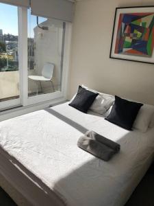 悉尼1 bedroom apartment in Paddington with beautiful view的卧室配有白色的床和大窗户