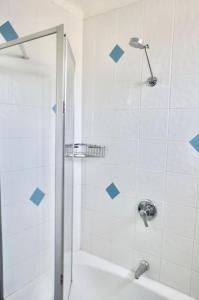 悉尼1 bedroom apartment in Paddington with beautiful view的浴室的墙壁上设有蓝色瓷砖和淋浴。