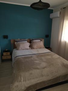 努美阿Moana Beach Apartment的一间卧室设有一张蓝色墙壁的大床