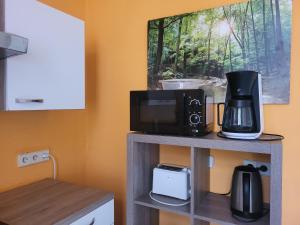 巴登-巴登Domino Apartment的厨房配有微波炉和架子上的咖啡壶