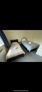 圣艾夫斯Comfy, cozy house with disabled access的一间带两张床的卧室,位于带窗户的房间内